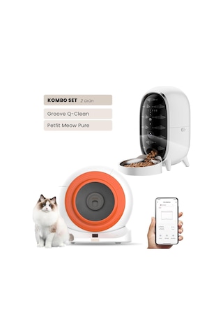 Groove Q-clean Wi-fi Akıllı Otomatik Kedi Tuvaleti Turuncu + Petfit Meow Pure 3l Wi-fi Kameralı Akıllı Otomatik Mama Kabı Besleme Ünitesi Bundle