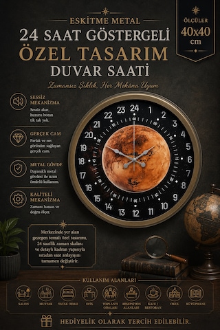 40 Cm Eskitme Metal 24 Saat Göstergeli Özel Tasarım Duvar Saati Pl-4095e