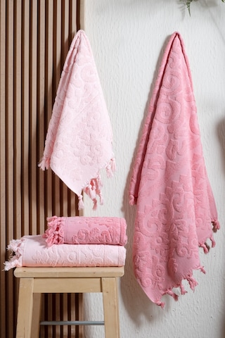4'lü Hamam Seti %100 Pamuk 2 Adet 70x140 Beden, 2 Adet 50x90 El, Yüz, Saç Havlu Bağlamalı, 1250gr Pudra Pembe