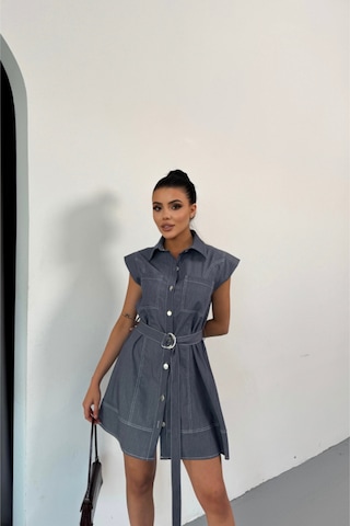 Gömlek Elbise Kolsuz Tencel Kumaş - Mavi Mavi
