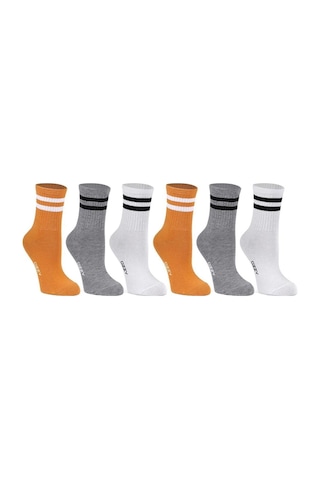 Ozzy Socks 6 Çift Çizgili Kolej Çorabı Sarı Gri Beyaz Pamuklu Tenis Çorabı Seti Çok Renkli