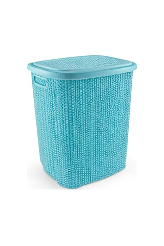 Hubrendy Çer Kirli Çamaşır Sepeti Kapaklı 65 Lt Örgü Desenli Plastik Çamaşır Sepeti Banyo Sepeti - T Diğer