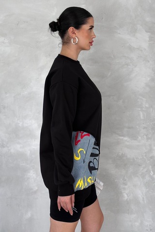 Femelle Kadın Beyaz Şardonlu Tasarım Kot Detaylı Sweatshirt siyah