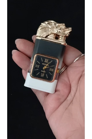 Lüks Tasarım Ejder Figürlü Roma Rakamlı Saatli Gazlı Çakmak Çok Renkli