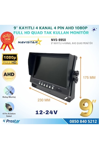 Kayıtlı 9 İnç 4 Kanal Full Hd Ahd Analog Uyumlu Quad Araç Monitörü 12-24v