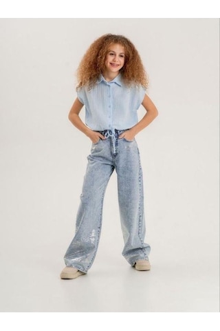 Zekids Kız Çocuk Paçası Varak Detaylı Denim Pantolon-13916-mavi Mavi