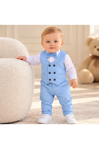 Maxx Kleın Erkek Bebek Bebe Mavisi Yelekli Takım Elbise Gömlek Papyon Pantolon 6-9-12-18-24 Ay Mavi