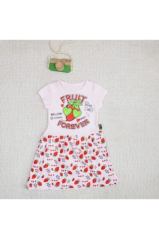 Momikon Kız Çocuk Fruit Forever Yazılı Çilek Desenli Pamuklu Elbise Pembe