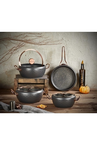Sırena - 3540 -7 Parça, Bio Granit, Pfoa, Ptfe Free, Tencere, Tava Çeyiz Seti, Antrasit, Bakır Detay Antrasit - Bakır