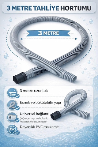 3 Metre Çamaşır Makinesi Tahliye Hortumu, Universal Uyumlu Esnek Pvc Gider Hortumu, Bulaşık Makinesi Uyumlu Dayanıklı Su Tahliye Borusu