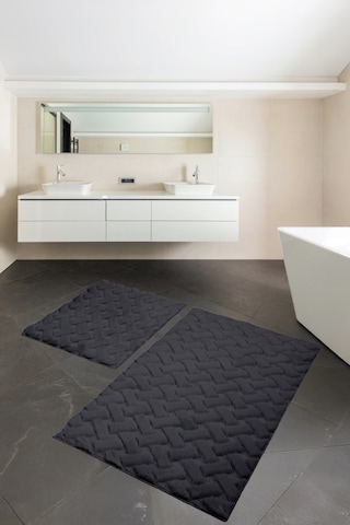 Desenli Tavşan Tüyü Yumuşak 2 Li Banyo Paspası Kaymaz Tabanlı Klozet Takımı Antrasit Antrasit