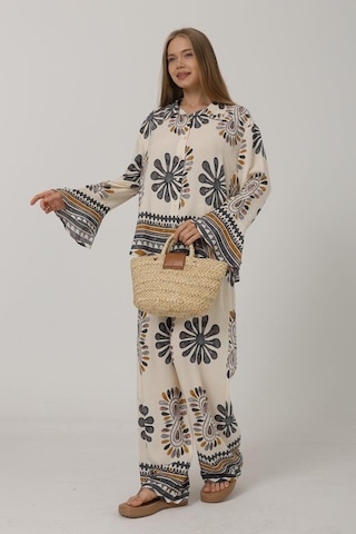 Desenli Kolları Volanlı Pantolon Takım - Antrasit Antrasit