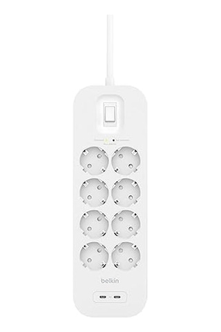 Belkin 8'li Çoklu Priz, Yüksek Gerilim Korumalı, Duvara Montaj, 8 Priz, 2 M Güç Kablosu, Yeşil Işıklı Gösterge, Hızlı Şarj İçin Usb-c Pd Li 2 Usb C Bağlantısı, 900 Jul Koruma