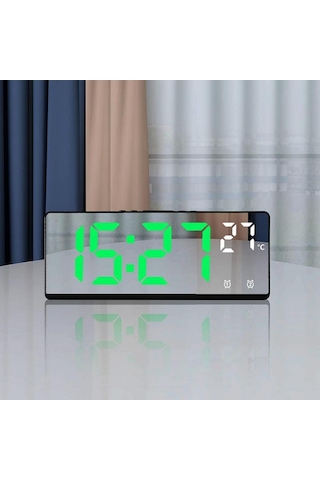 Yeşil Ses Kontrolü İle Dijital Ayna Çalar Saat Sıcaklık, Çift Alarm Erteleme Masaüstü Masa Saati Gece Modu 12/24 H Led Saat