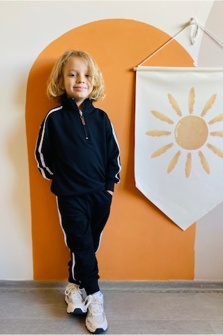 Heyadventure Erkek / Kız Çocuk Dik Yaka Sweatshirtlü Şerit Detaylı Eşofman Takımı Siyah
