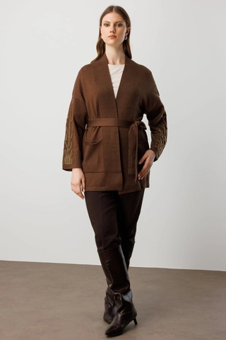 On Fashion Kadın Kolları Taşlı Kuşaklı Triko Kahverengi Hırka 60902 Kahve