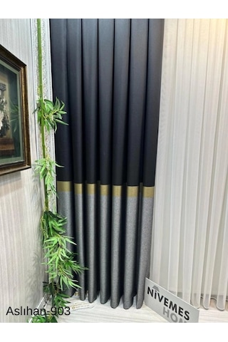 Nivemeshome Aslıhan Siyah-gold Ft632116 V-903 1/3 Sık Pile Fon Perde Apm Siyah - Gold