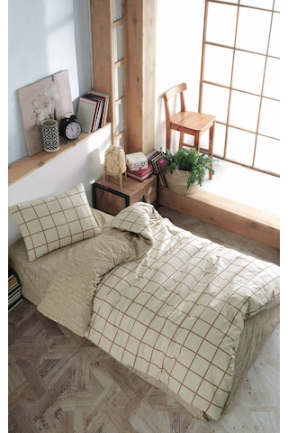 Cozy Home Tek Kişilik Lastikli Çarşaflı Nevresim Takımı Kare Krem