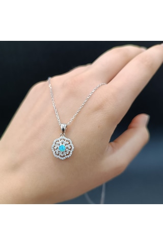 925 Ayar Gümüş Turkuaz Renkli Taş Detaylı Minimalist Kolye Gümüş