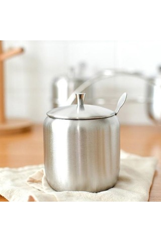 350 Ml Paslanmaz Çelik Şeker Kase Kahve Baharat Kavanoz Çeşni Pot Spice Konteyner Kapak Ve Kaşık Ile Cuet Şeker Ve Amp Krema Tencere 3 Kaşık Klipsli