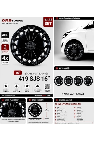 Volkswagen Uyumlu 16 Inç Kırılmaz Parlak Siyah Jant Kapağı 1 Takım 4 Adet No:419