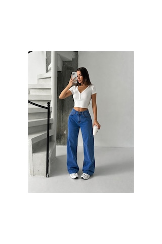 Bluemarlin Mavi Yüksek Bel Likralı Boyfriend Bol Paça Kot Pantolon Mavi