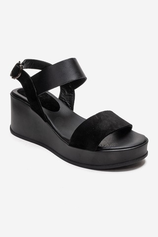 Luvishoes Lolanthe Siyah Cilt Siyah Süet Hakiki Deri Kadın Dolgu Topuklu Sandalet
