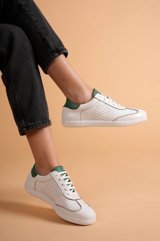 Analin Shoes Kadın Hakiki Deri Bağcıklı Süet Detaylı Spor Ayakkabı Beyaz - Yeşil