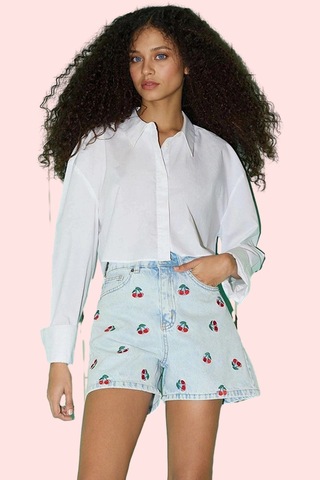 Ersefa Kadın Pamuklu Baskılı Kiraz Desenli Denim City Short Şort Rahat G mavi
