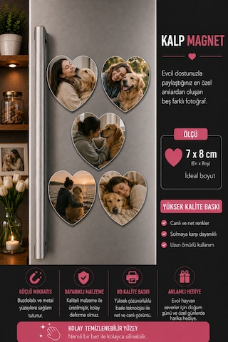 5'li Kalp Evcil Hayvan Ve Sahibi Fotoğraf Magneti Kişiselleştirilebilir Anı Hediyesi