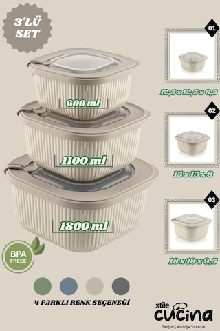 3lü Mikrodalga Ve Difriz Kullanımına Uygun Vakumlu Sızdırmaz Saklama Kabı Seti 600-1100-1800 Ml Bej