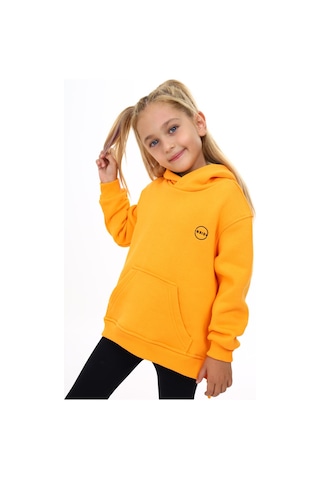 Toontoy Kız Çocuk Oversize Kapüşonlu Cepli Nakış Baskılı Yırtmaçlı Sweatshirt - 3 İplik Şardonlu Hardal