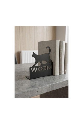 Kedi Figürlü Ve Meow Yazılı Metal Kitap Tutacağı - Siyah Dekoratif Kitap Desteği