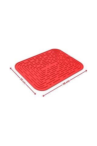 Bulaşık Kurutma Matı, Bulaşıklık - Su Toplamaz Silikon Bulaşık Altlığı Orta Boy 36x25 Cm Kırmızı