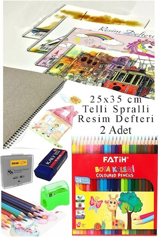 24 Renk Fatih Kuru Boya 25x35 Cm Telli Spralli Resim Defteri Hamur Silgi Kalemtraş 15 Yaprak Resim Defteri Kuruboya Çok Renkli