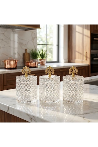 3'lü İnci Desen Gold Metal Kulplu Büyük Boy Cam Kavanoz Takımı 3 X 1500 Ml. Şeffaf - Altın