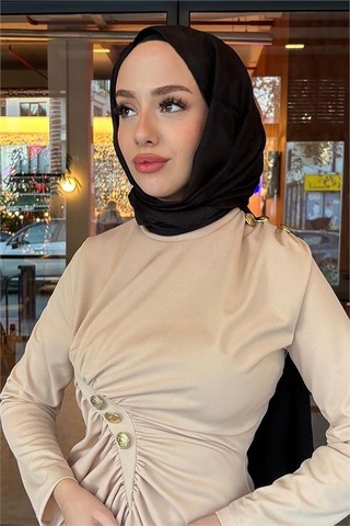Neşeli Butik Kadın Likralı Düğme Detaylı Tesettür Elbise Nms046 Bej