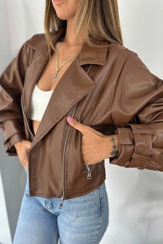 Laleli Butik Kadın Siyah Oversize Deri Ceket Taba Taba
