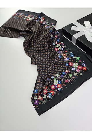 Miorel Scarfs Lv Desen Çiçekli İthal Vual İpek Şal Aksesuar Fular Silk Scarfs Shawl Hijab Kahverengi