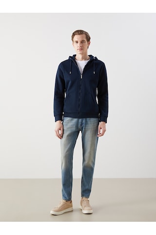 Lcwaıkıkı Basic Lacivert Kapüşonlu Uzun Kollu Erkek Fermuarlı Sweatshirt