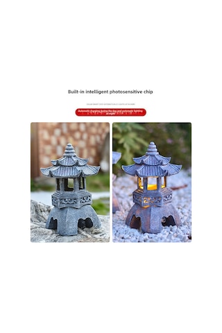 Moveevo Güneş Enerjili Çin Zen Stili Bahçe Aydınlatması - Sakinlik Verici Manzaralı Taş Kule Dekoratif Lamba Yuvarlak Tavan