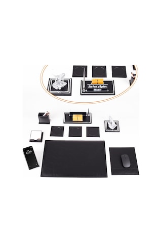 Opta 10 Parça Kurt Biblolu Siyah Deri Sümen Seti Takımı Gümüş Kalem Ofis Masa İsimliği Lüks İsimlik