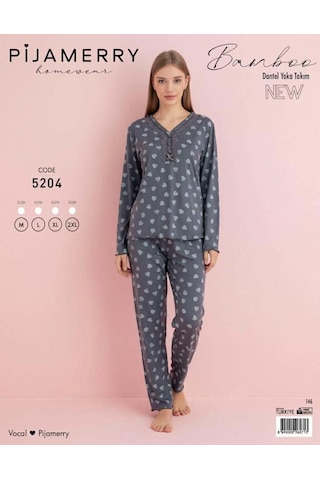 Pijamerry Kadın Bambu Baharlık Dantel Yaka Uzun Kol İnce Pijama Takımı 5204f - 1 Adet Füme