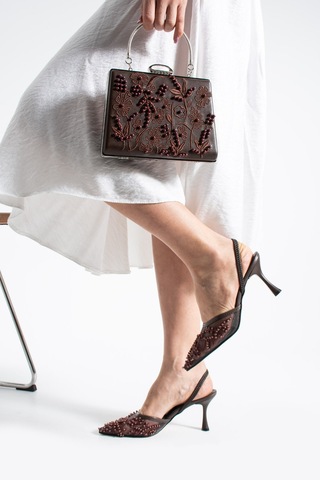 Lebibe Shoes Meggıe Kahve Ayakkabı Çanta Kombin Sivri Burun 7cm Topuklu İncili Slingback Ayakkabı Ve Çanta Seti Kahverengi