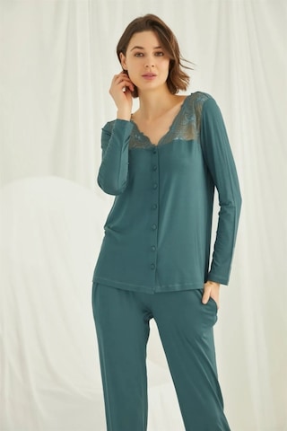 Monamise 19307 Kadın Uzun Kollu Yakası Ve Omzu Dantelli Önü Boydan Düğmeli Pijama Takımı-yeşil YESIL