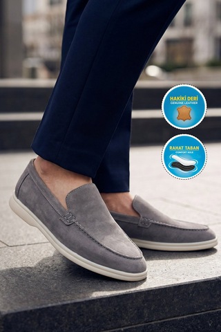 Komcero Açık Gri Hakiki Deri Şık Rahat Espadril Erkek Casual Ayakkabı Loafer 6k020-217