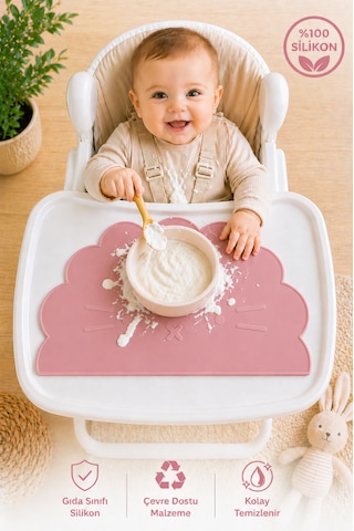 Siliconly %100 Silikon Bebek Beslenme Matı Kolay Temizlenebilir Mama Altlığı Pembe