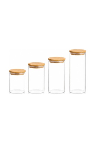 Bambu Kapaklı Cam Saklama Kavanozu Seti, 4'lü, 200ml, 250ml, 300ml, 390ml, Borosilikat Cam, Sızdırmaz Silikon Conta Çok Renkli