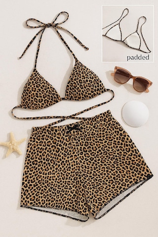 Angbutik Kadın Leopar Desenli Şortlu Belden Ve Boyundan Bağlamalı Bikini Takımı