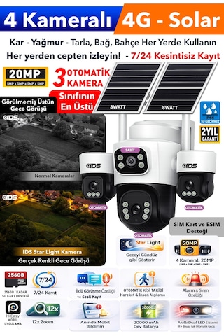 4 Kameralı 3 Otomatik - 4g Güneş Enerjili Solar Güvenlik Kamerası Kişi Takip Dual Led Gece Renkli